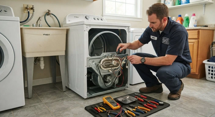 Repair technician working on the heating parts of an open dryer with tools laid out on a mat